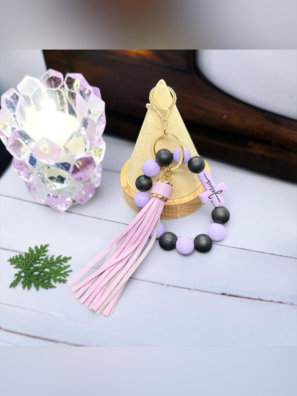 💜Lavender & Black Silicone Beaded Keychain/Bag Charm w/“Jesus” Cross & Tassel🖤